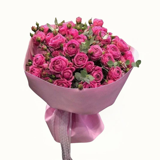 Bouquet of pink roses wrapped in pink paper on a white background
