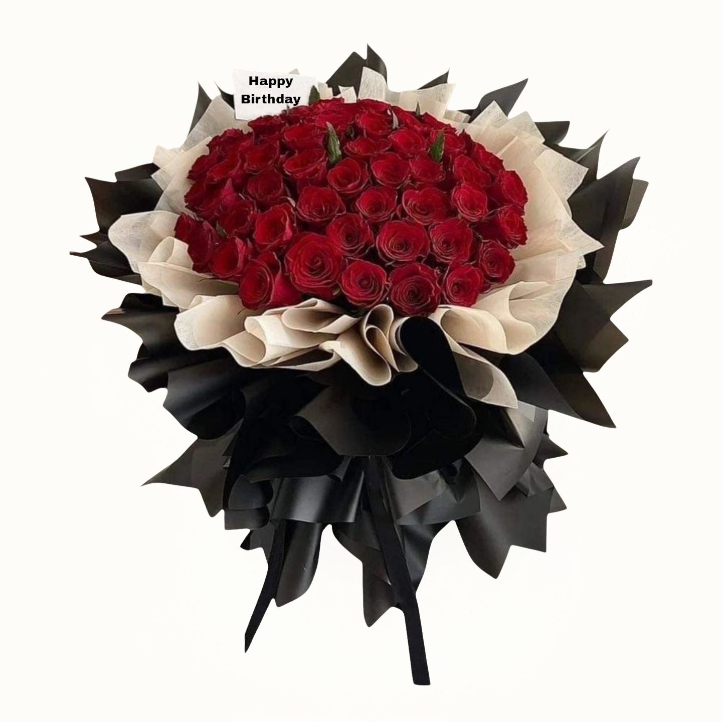 Bouquet of red roses with black and white accents on a white background, featuring 'Happy Birthday' text.