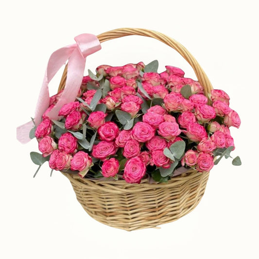 Basket of pink roses with a pink ribbon on a white background