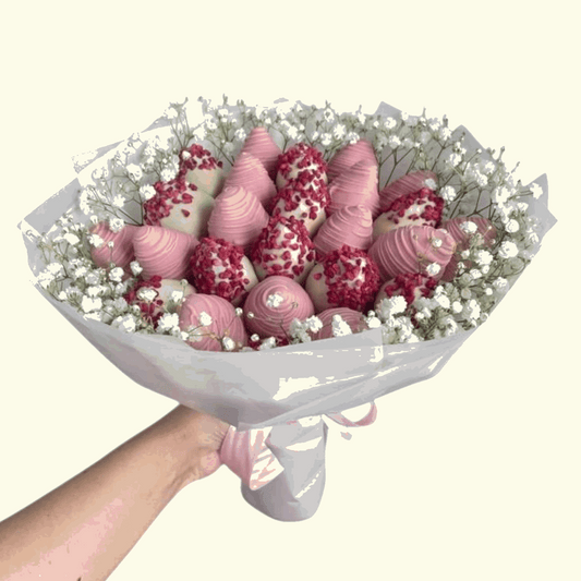 Pink chocolates and white flower bouquet in Dubai, UAE 