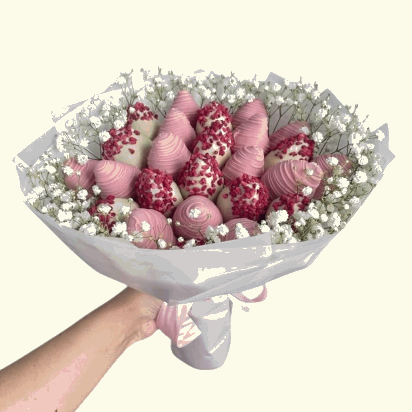 Pink chocolates and white flower bouquet in Dubai, UAE 