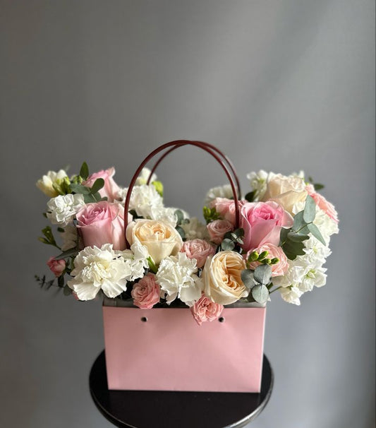 White, Pink and Yellow roses basket 