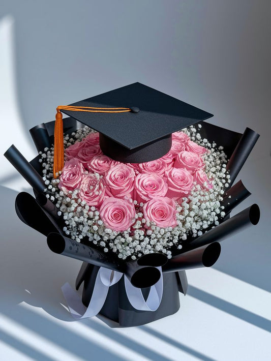 Graduation cap and gown bouquet with pink roses dubai, UAE