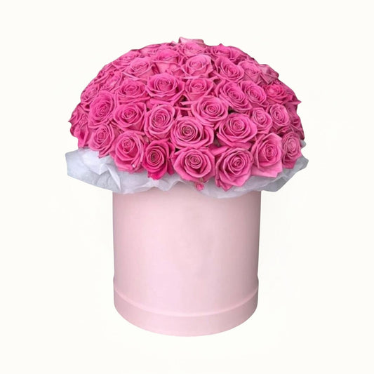 Pink flowers in a pink box on a white background