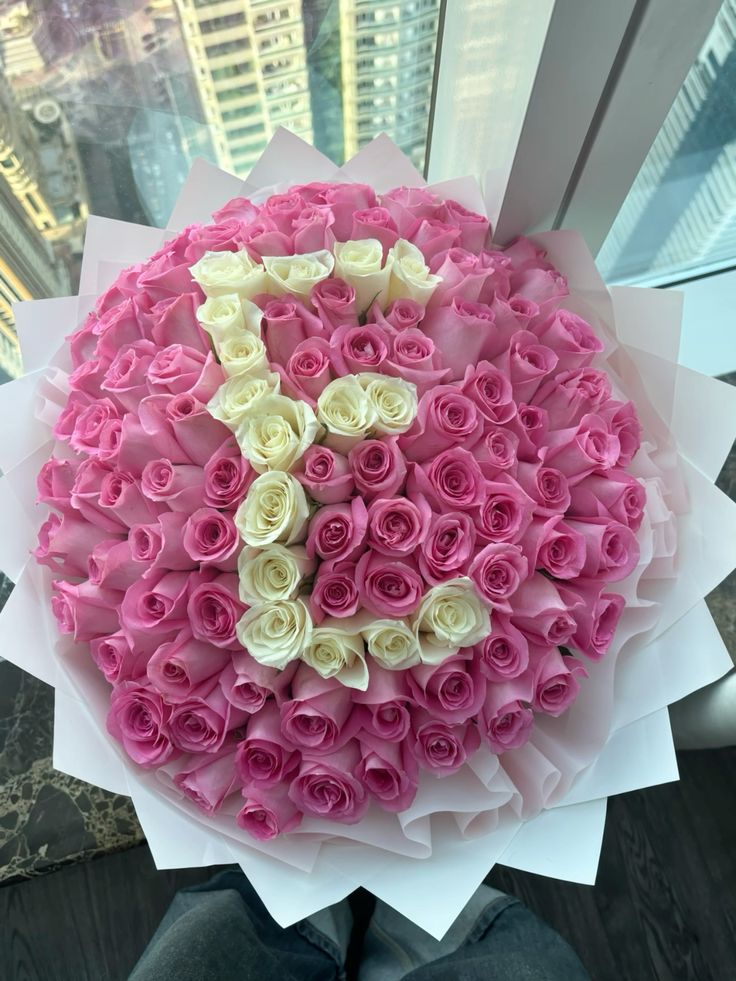 100 Pink and white roses bouquet with white wrapping 