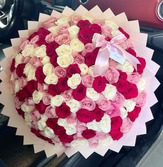 Pink, White and Red roses bouquet