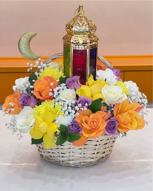White, Yellow, Orange flowers basket arrangement 