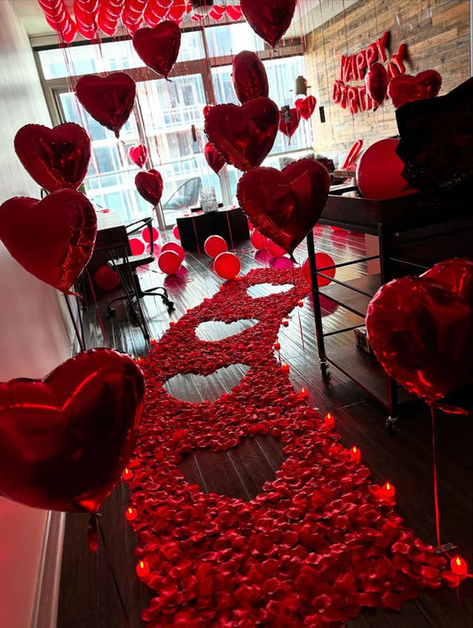 Red Heart balloons and red roses birthday decoration 