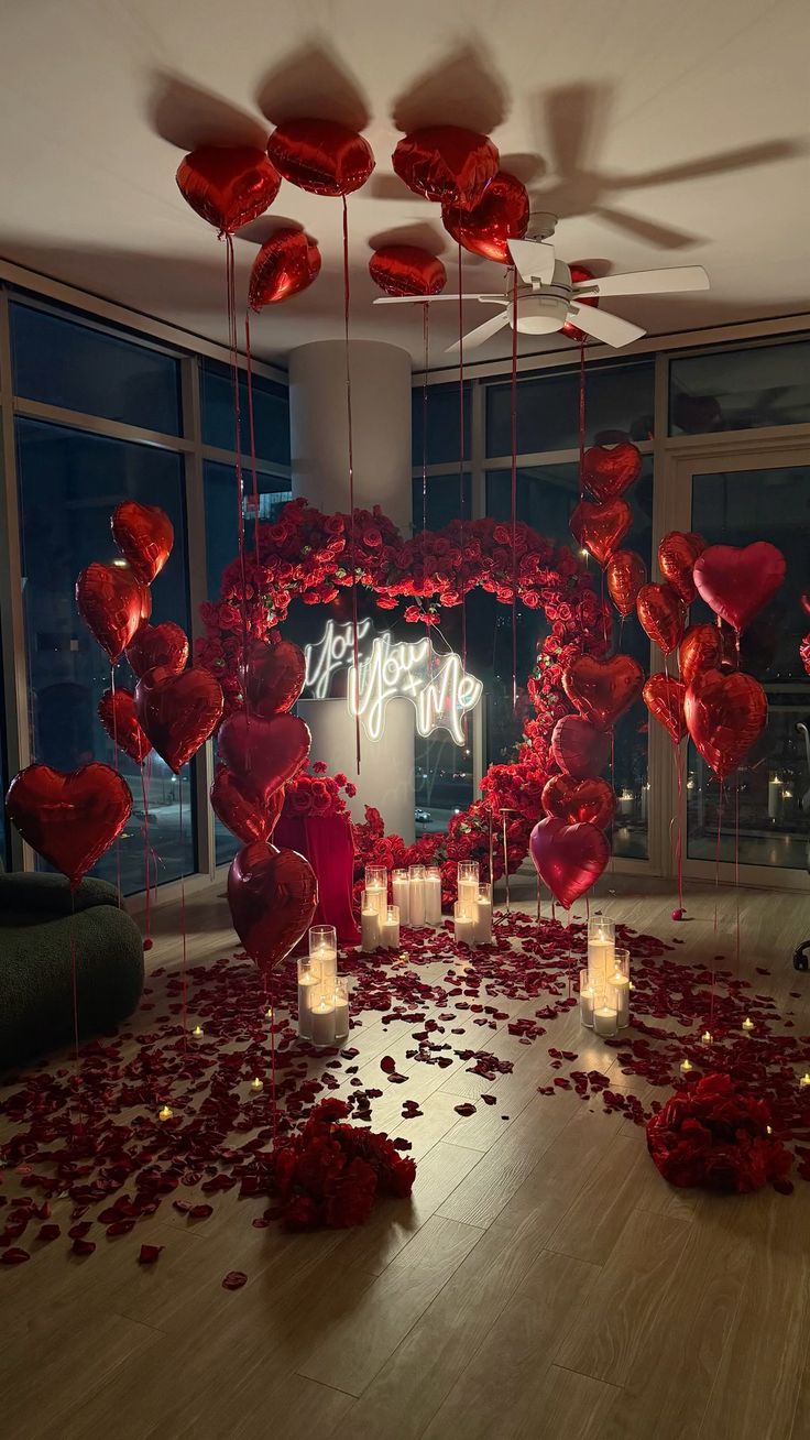 Will you Marry me red heart roses setup with heart balloons 
