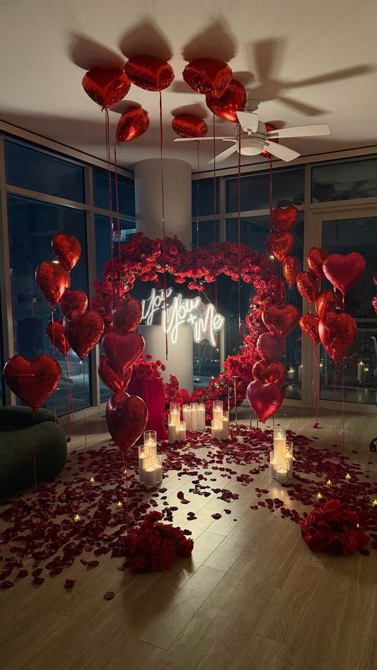 Will you Marry me red heart roses setup with heart balloons 