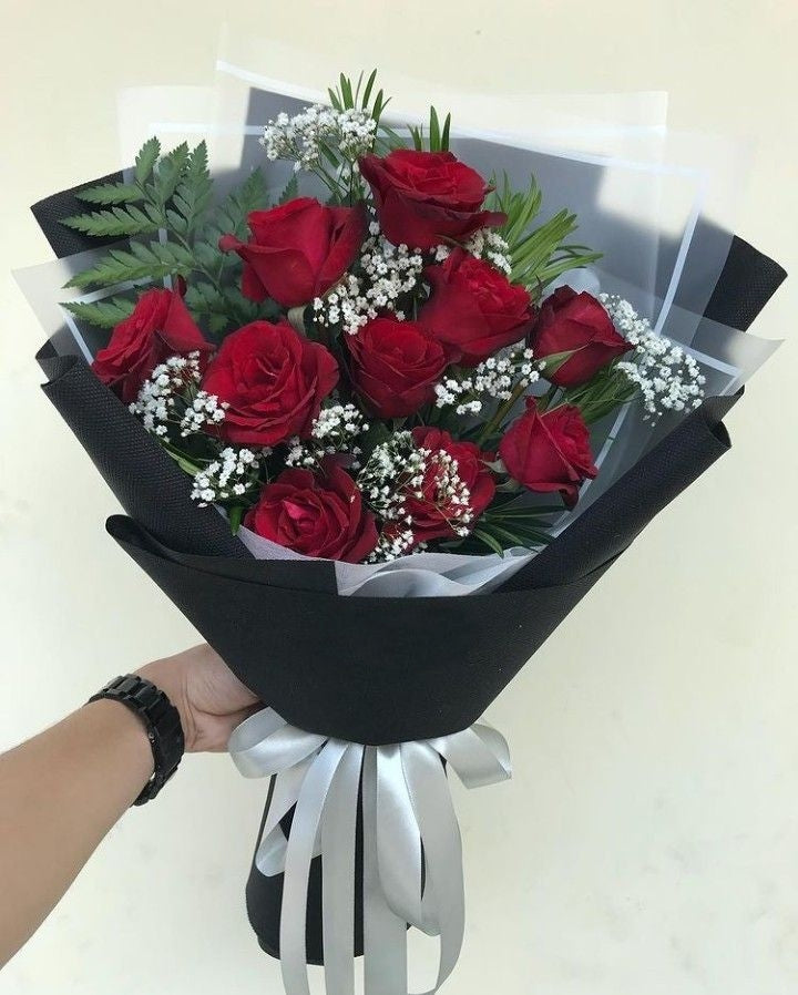 Red Roses and White gypsophila Mixed flower bouquet