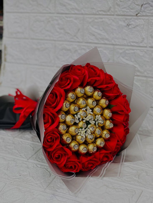 Red roses and ferrero rocher chocolate bouquet with black wrapping 
