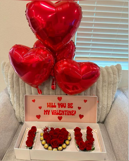 Red balloons and Red Roses Box Arrangement with White 