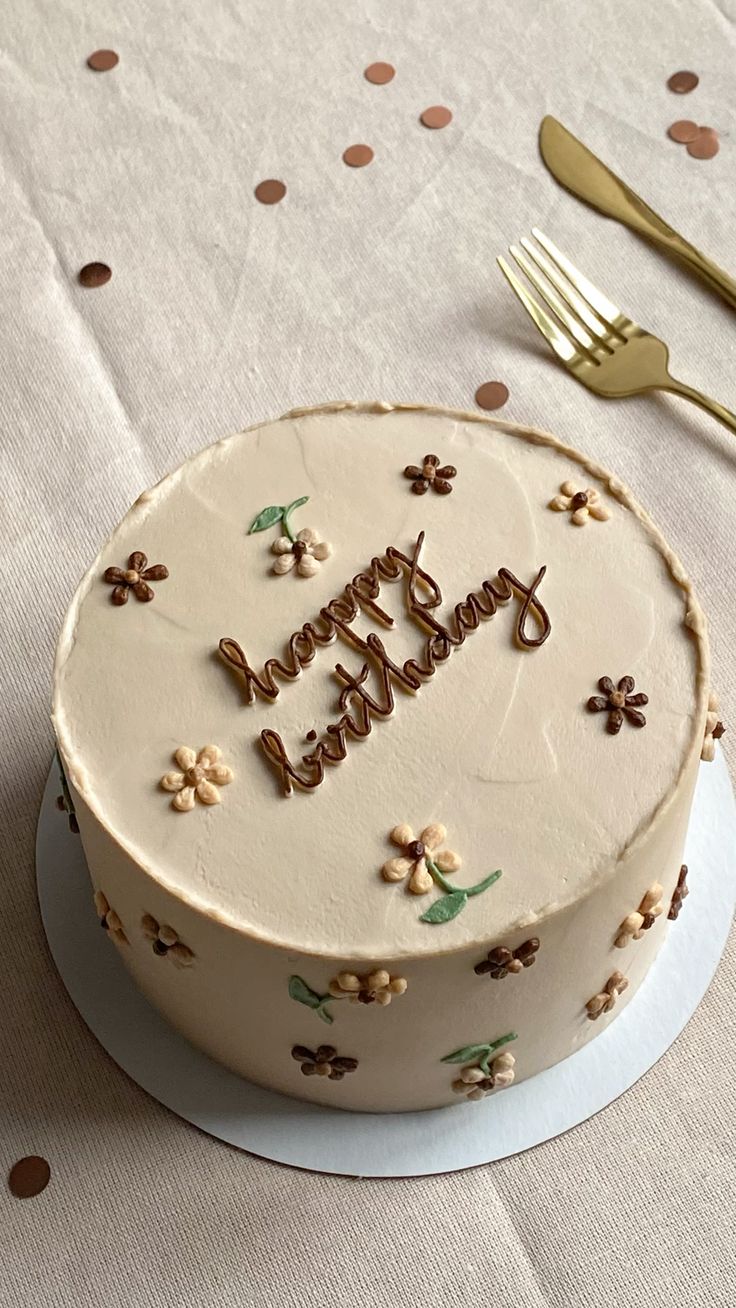 Round birthday cake with 'Happy Birthday' decoration on a light background

