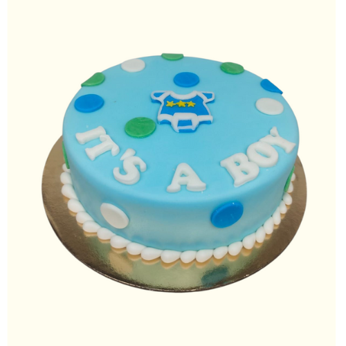 Blue baby shower cake with 'It's a Boy' text and baby onesie 