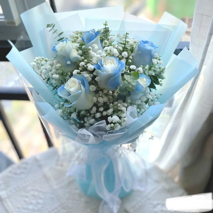 Sky Blue Roses and White gypsophila mixed flower bouquet