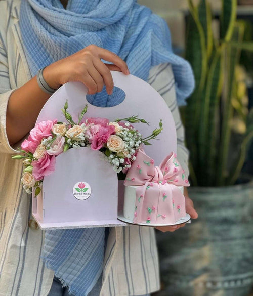 Flower Basket Arrangement with Cake in Dubai, UAE 