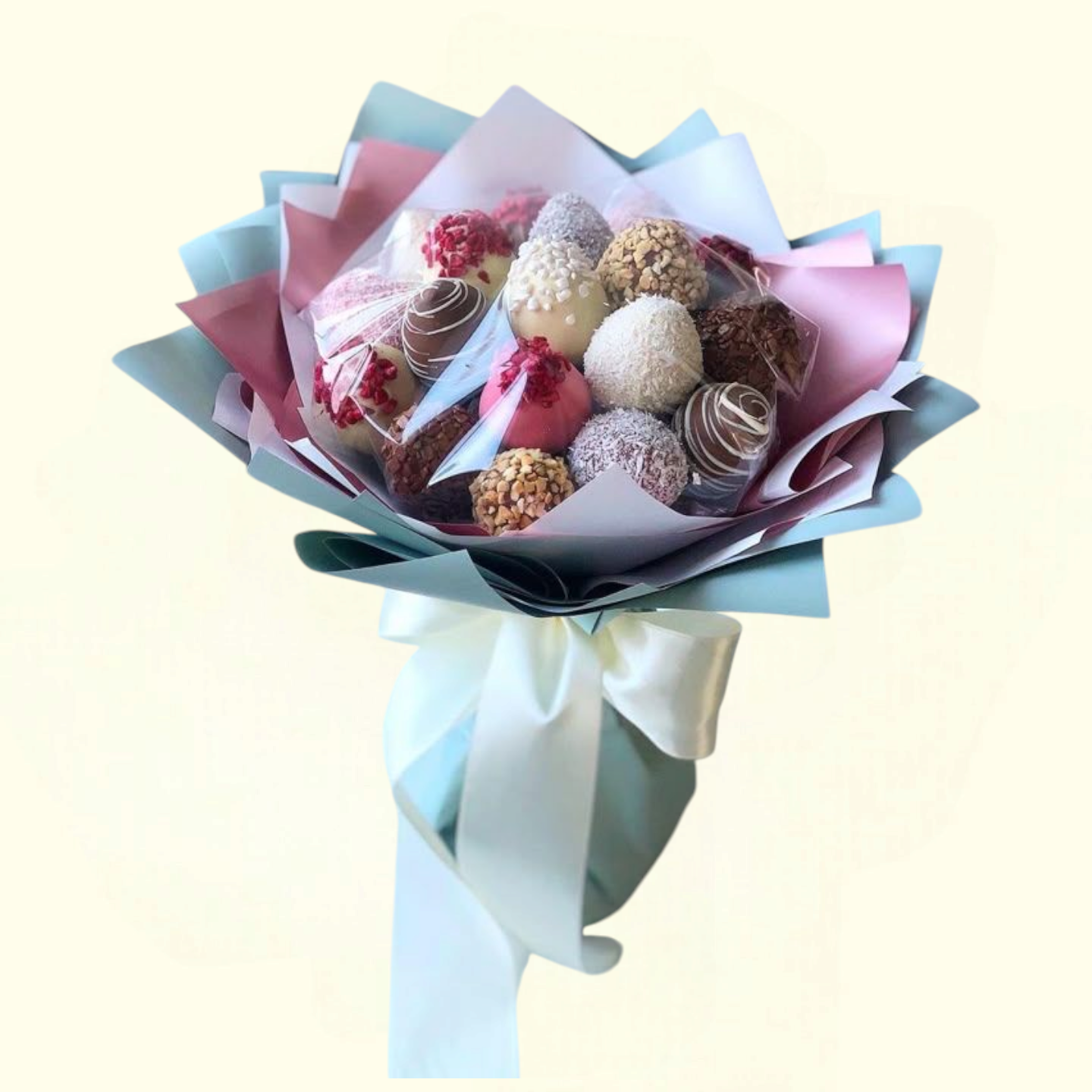 Bouquet of assorted pastries wrapped in paper with a white ribbon on a light background