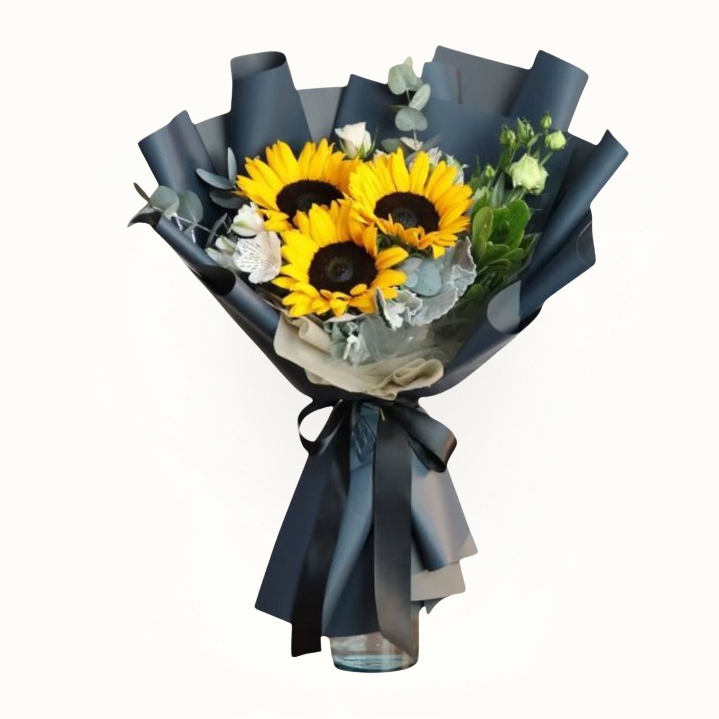 Sunflower bouquet with black wrapping in Dubai, UAE