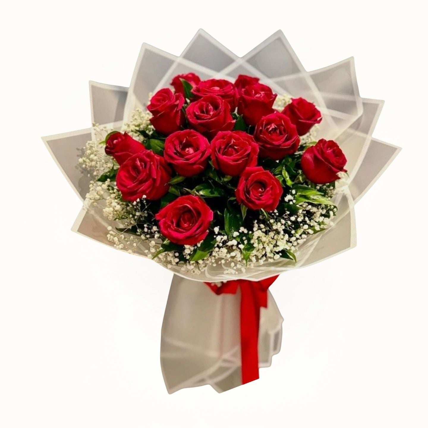 Bouquet of red roses with a red ribbon on a white background
