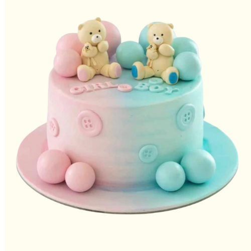 Pastel-colored cake with teddy bears and decorative elements 