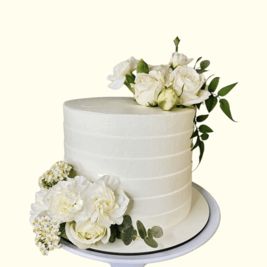 White Cream Cake Dubai, White Cake with Flower Design Dubai, UAE