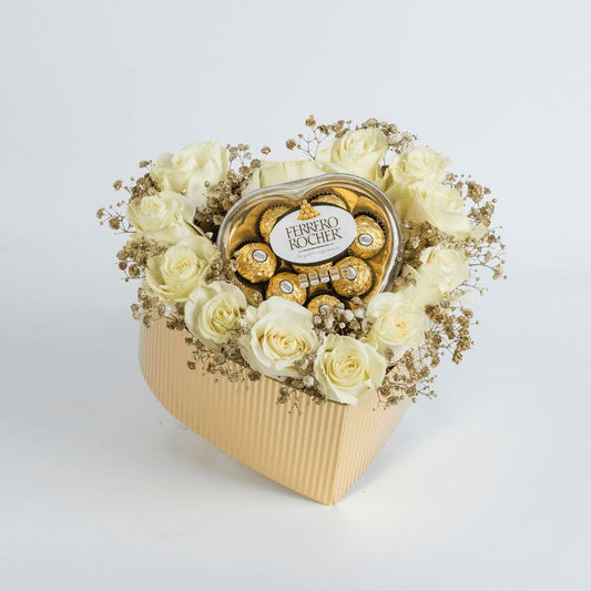 White roses and ferrero rocher with box