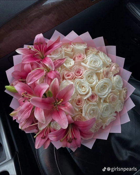 White roses and Pink lilies flower bouquet in Dubai 