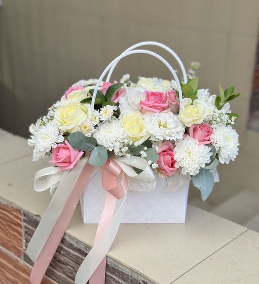 Pink, White and Yellow roses basket 